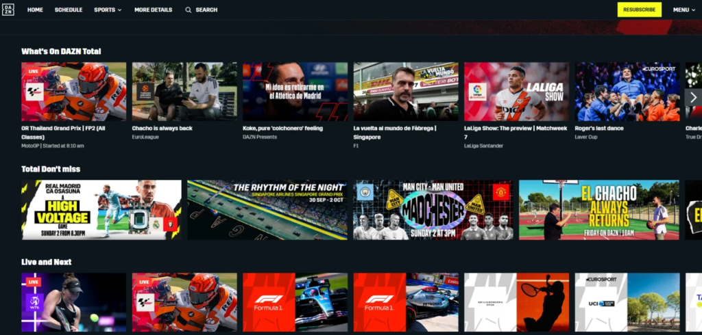 DAZN homepage screenshot showing featured fight nights, live sports events, and upcoming schedules for what to watch and live sports streaming online