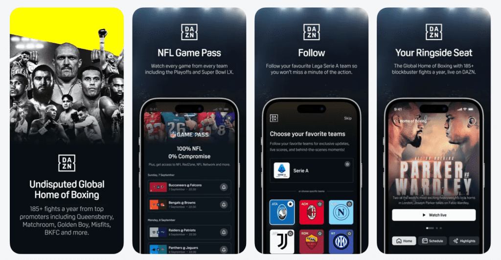DAZN app interface screenshot showing live streams, event calendar, sports categories, and streaming player for where to watch and what to watch next