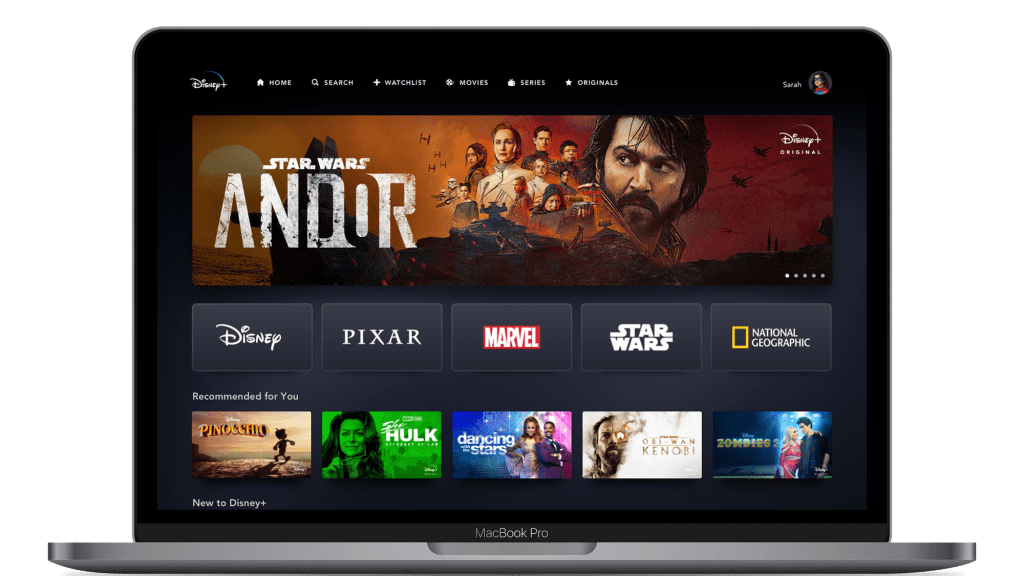Disney Plus homepage screenshot showing featured movies, trending series, and collections for what to watch and where to watch online