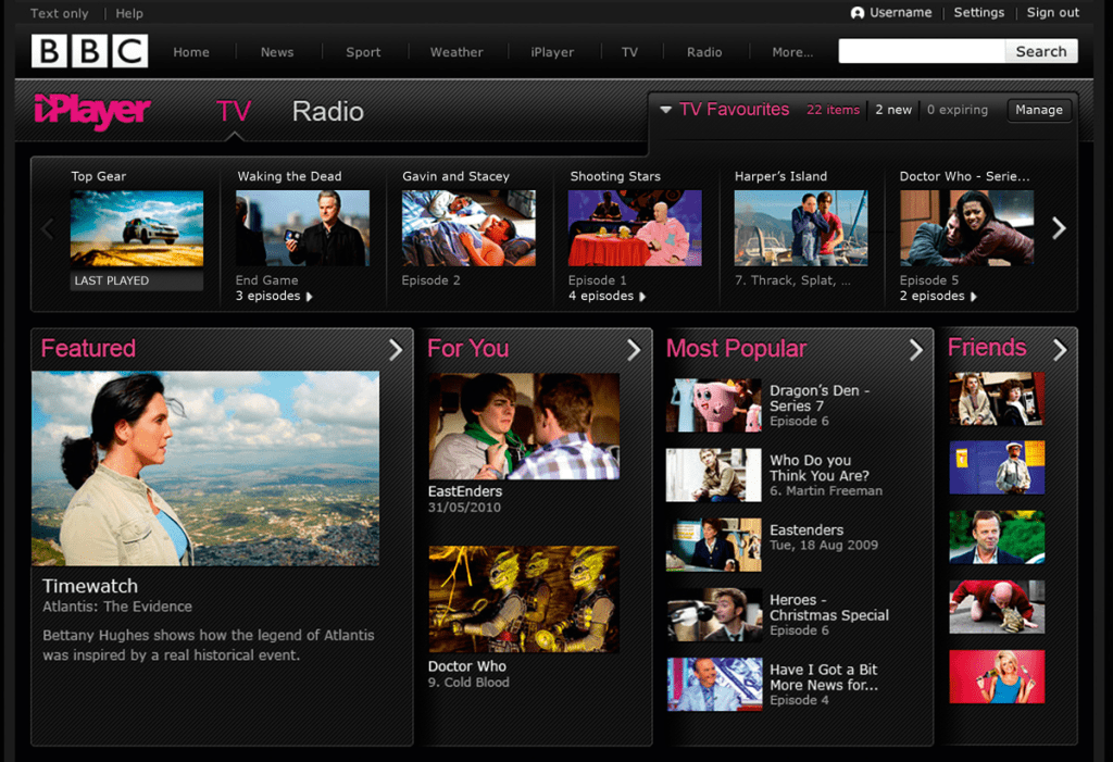 BBC iPlayer homepage screenshot showing featured BBC shows, trending episodes, and categories for what to watch and streaming TV online
