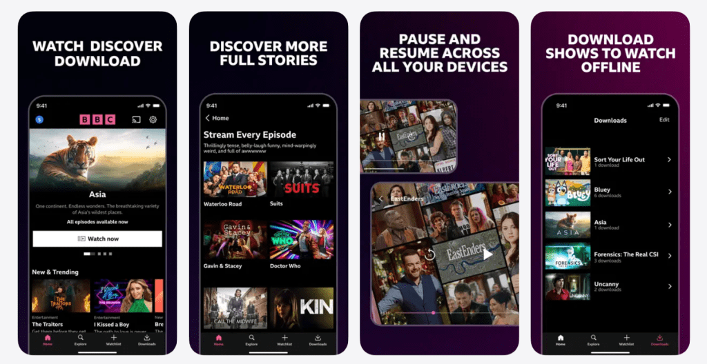 BBC iPlayer app interface screenshot showing browse categories, search, watchlist, and episode pages for where to watch and what to watch next