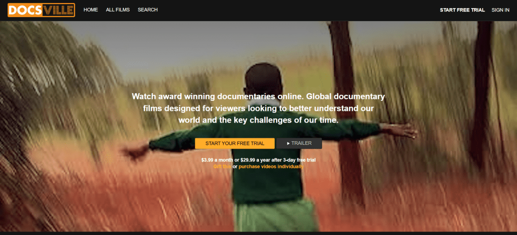 Docsville homepage screenshot showing featured documentaries, curated collections, and categories for what to watch and streaming documentaries online