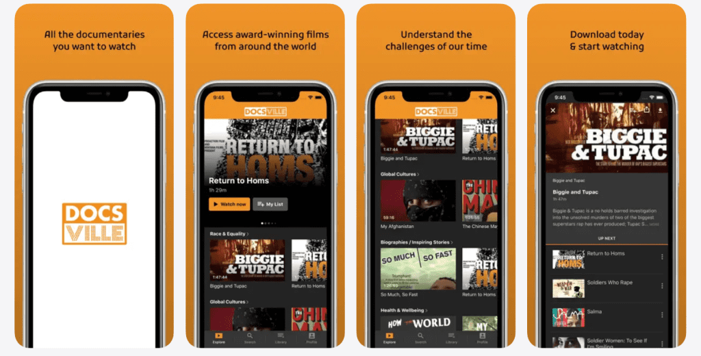 Docsville app interface screenshot showing documentary categories, search, watchlist, and film details page for where to watch and what to watch next