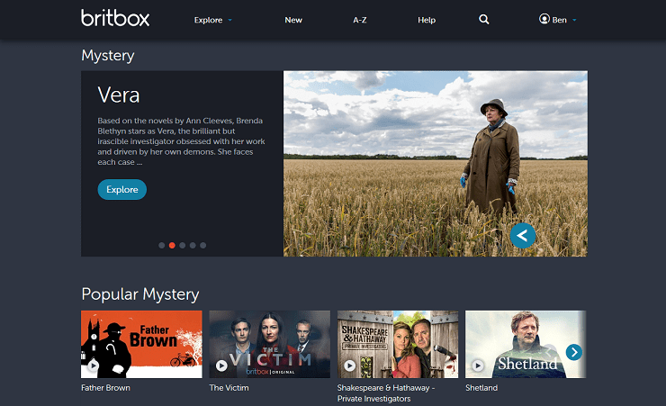 BritBox homepage screenshot showing featured British series, popular classics, and genre categories for what to watch and streaming TV online