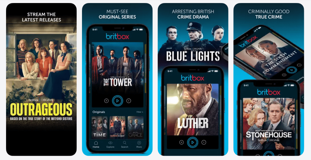 BritBox app interface screenshot showing browse categories, search, watchlist, and continue watching section for where to watch and what to watch next