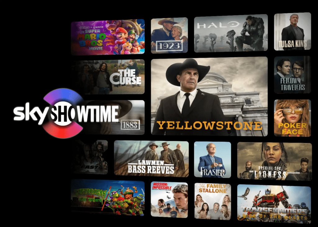 SkyShowtime homepage screenshot showing featured series, blockbuster movies, and genre rows for what to watch and streaming movies online