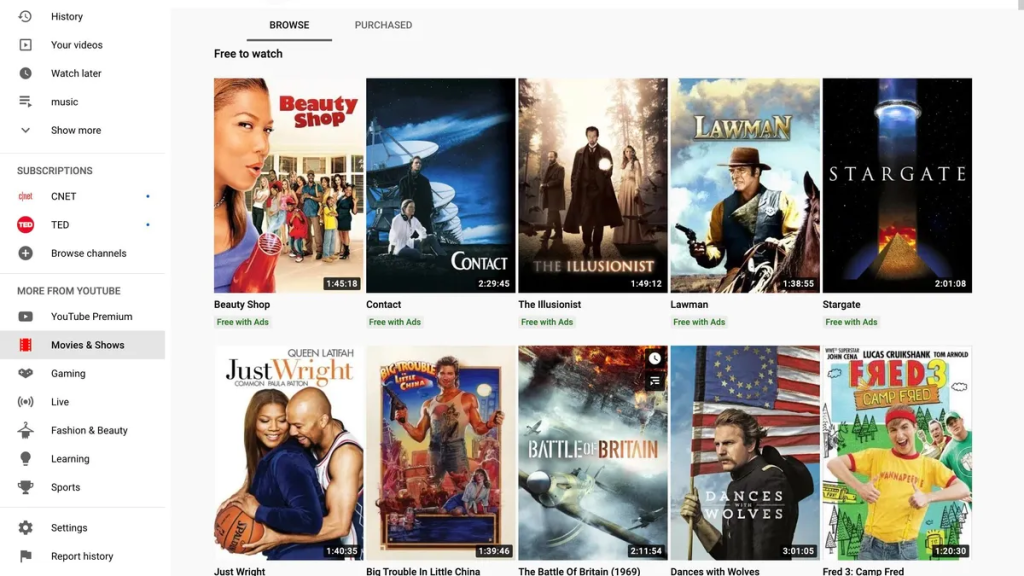 YouTube Movies homepage screenshot showing featured rentals, trending titles, and categories for what to watch and streaming movies online