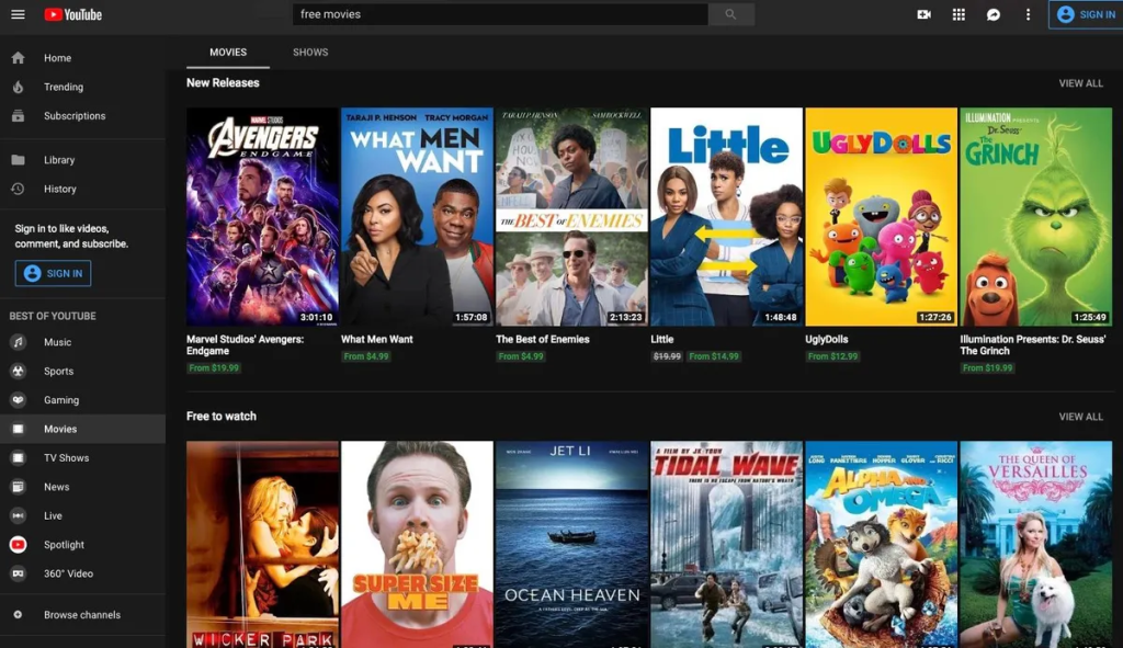 YouTube Movies interface screenshot showing search, movie details page, rent or buy options, and streaming player for where to watch and what to watch next