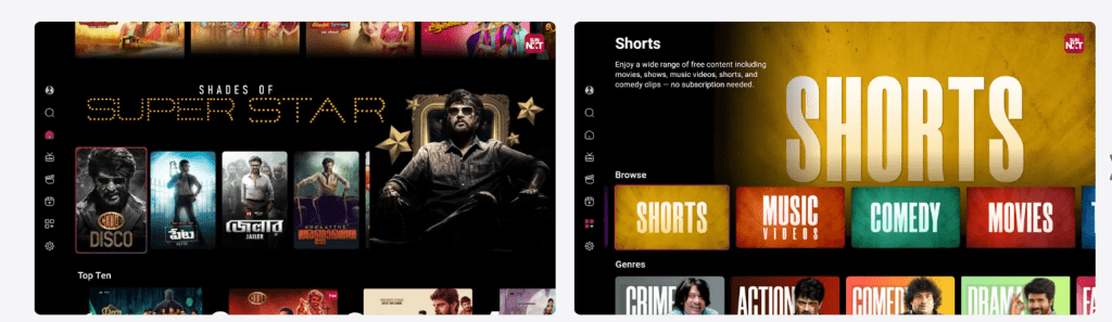 Sun NXT app interface screenshot showing language filters, browse categories, search, and streaming player for where to watch and what to watch next