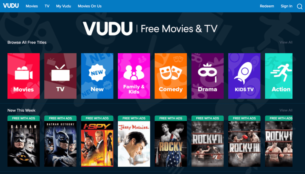 Vudu homepage screenshot showing featured rentals, popular movies, and categories for what to watch and where to watch movies online