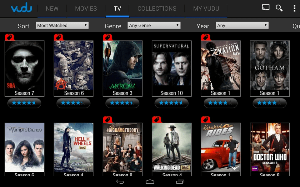 Vudu app interface screenshot showing search, movie details page, rent or buy options, and streaming player for what to watch next and on-demand viewing