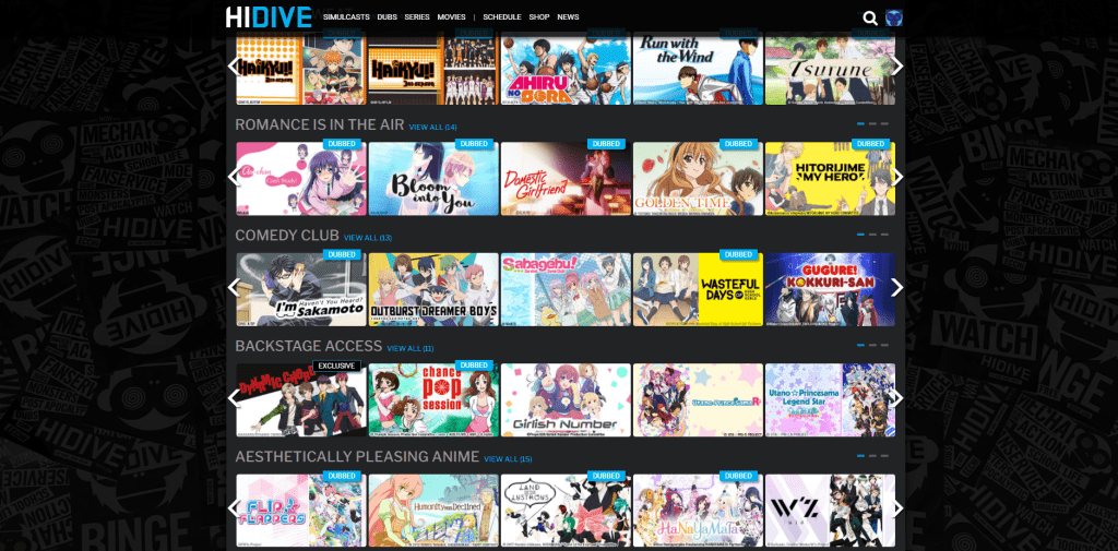 HiDive homepage screenshot showing featured anime series, latest episodes, and categories for what to watch and streaming anime online