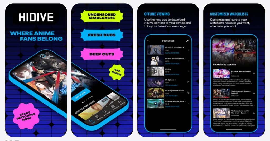 HiDive app interface screenshot showing anime categories, search, watchlist, and episode pages for where to watch and what to watch next