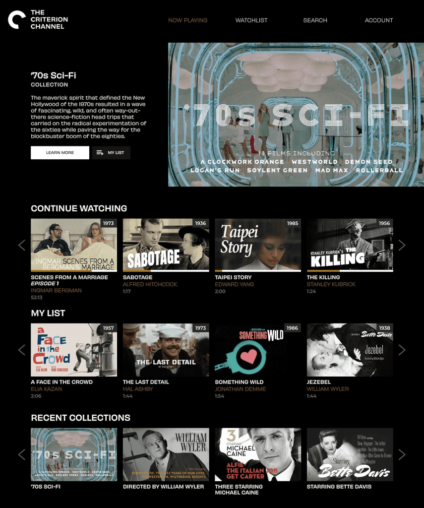 Criterion Channel homepage screenshot showing curated classic films, featured collections, and categories for what to watch and streaming movies online