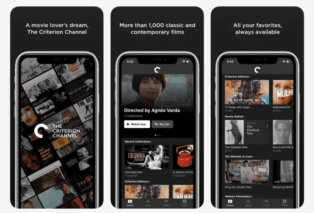 Criterion Channel app interface screenshot showing curated collections, film details page, watchlist, and streaming player for where to watch and what to watch next