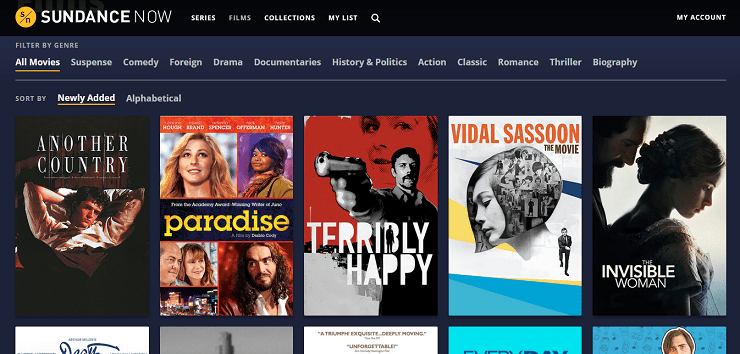 Sundance Now homepage screenshot showing featured indie films, true crime series, and curated categories for what to watch and streaming online