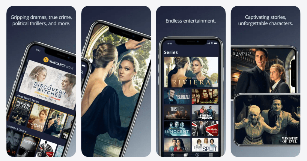 Sundance Now app interface screenshot showing browse menus, search, watchlist, and episode details page for where to watch and what to watch next
