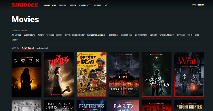 Shudder homepage screenshot showing featured horror movies, trending series, and curated categories for what to watch and streaming movies online