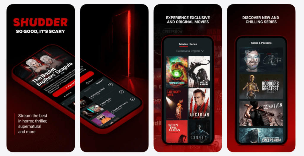 Shudder app interface screenshot showing horror categories, search, watchlist, and continue watching section for where to watch and what to watch next