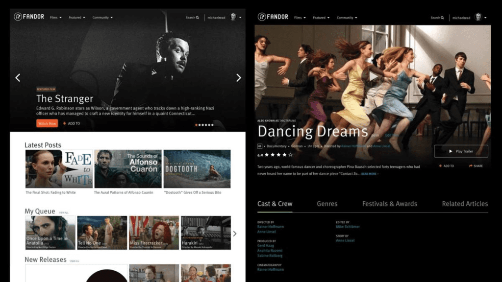 Fandor homepage screenshot showing curated indie films, featured collections, and categories for what to watch and streaming movies online
