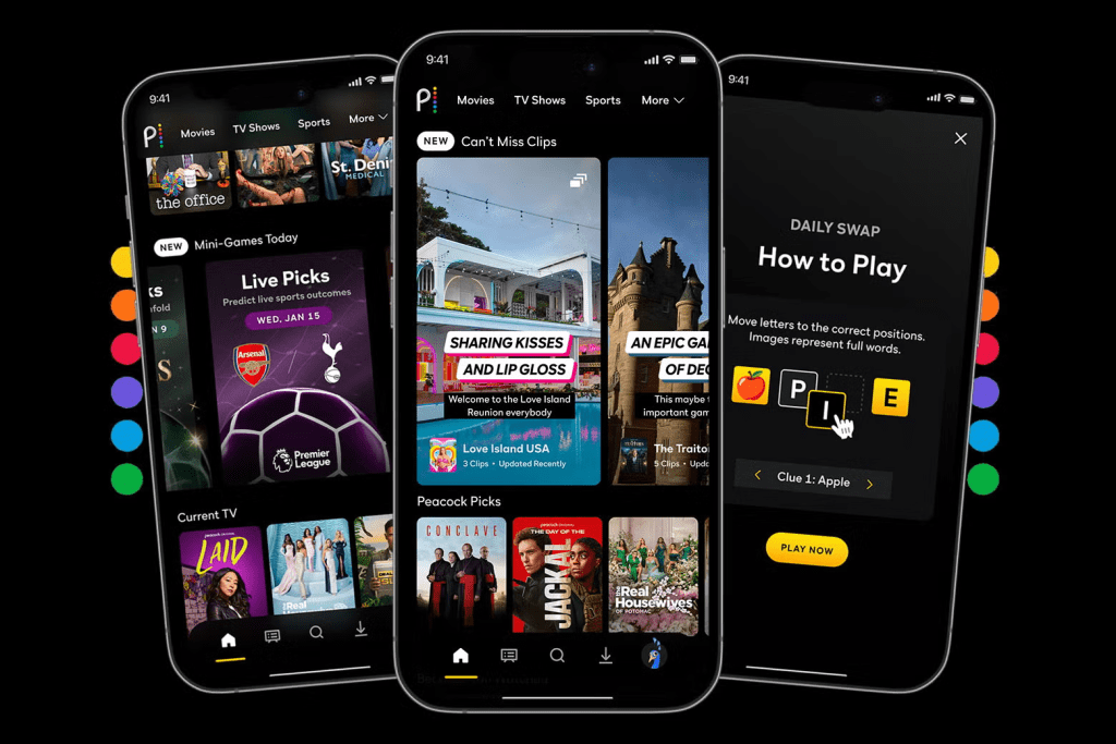 Peacock app interface screenshot showing browse categories, search, watchlist, and continue watching section for where to watch and what to watch next