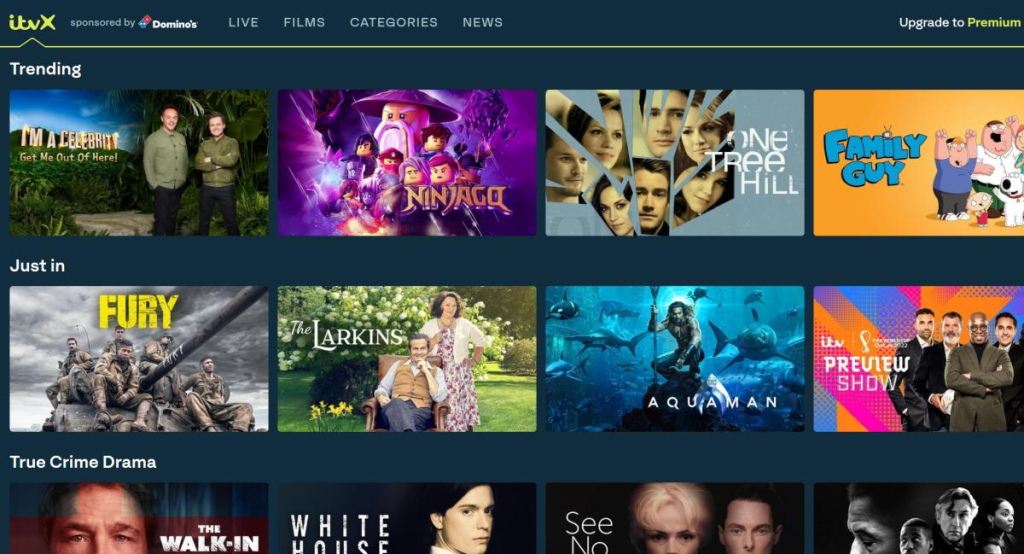 ITVX homepage screenshot showing featured UK shows, trending series, and categories for what to watch and streaming TV online