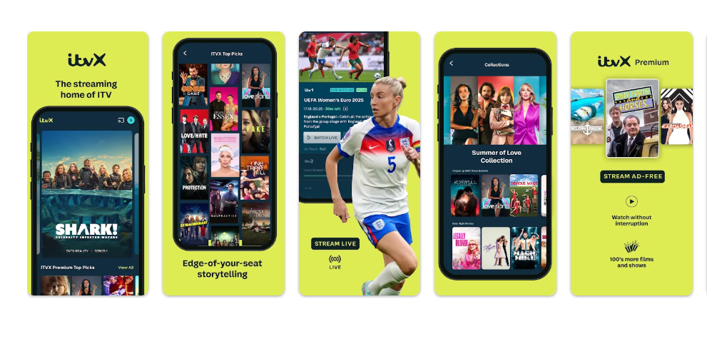 ITVX app interface screenshot showing browse categories, search, watchlist, and continue watching section for where to watch and what to watch next