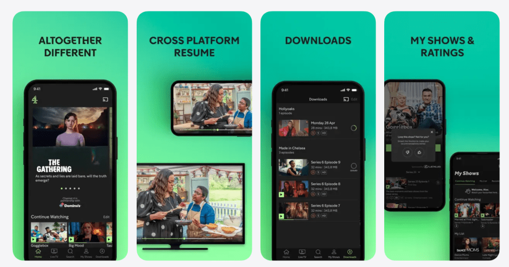 Channel 4 app interface screenshot showing browse menus, search, watchlist, and episode pages for where to watch and what to watch next