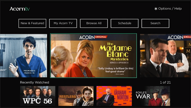 Acorn TV homepage screenshot showing featured British series, crime dramas, and curated categories for what to watch and streaming TV online