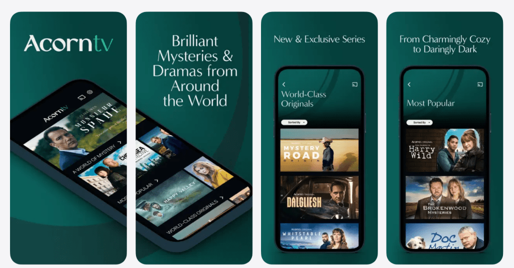 Acorn TV app interface screenshot showing browse categories, search, watchlist, and continue watching section for where to watch and what to watch next