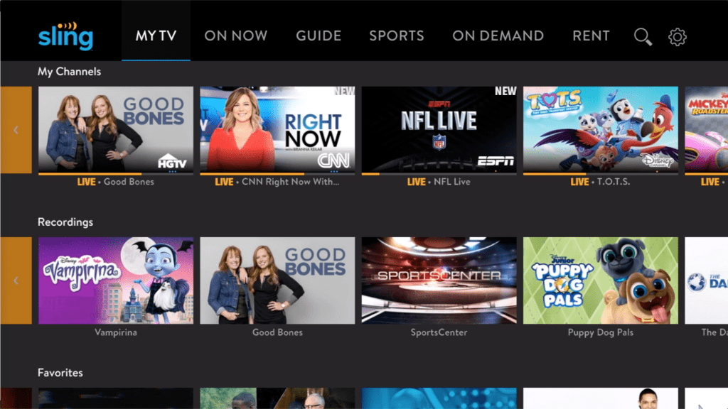 Sling TV homepage screenshot showing live TV channel bundles, featured shows, and categories for what to watch and live streaming online