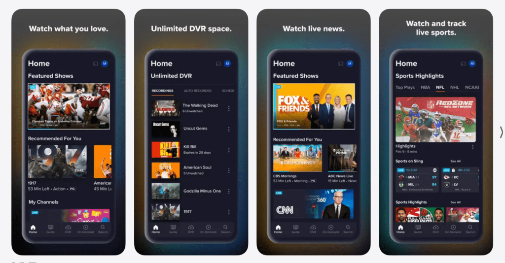 Sling TV app interface screenshot showing live channel guide, search, DVR or favorites, and streaming player for where to watch and what to watch next