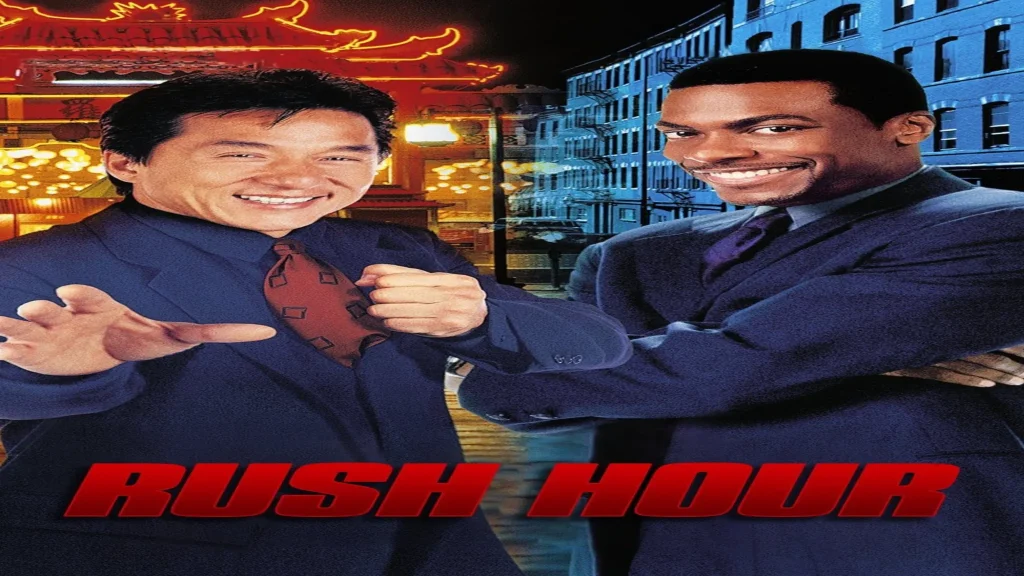 Where to watch Rush Hour movie poster featuring the title text and buddy cop action comedy artwork