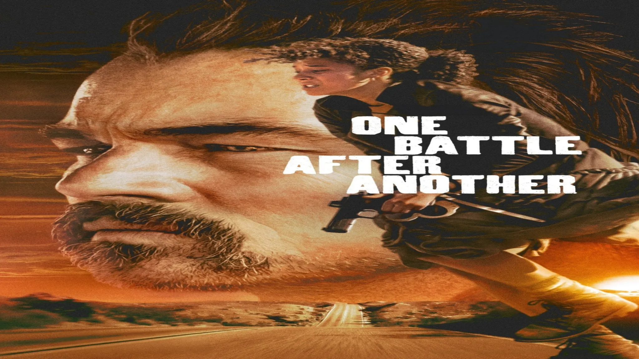 Where to Watch One Battle After Another movie poster featuring the title text and dramatic action thriller key art