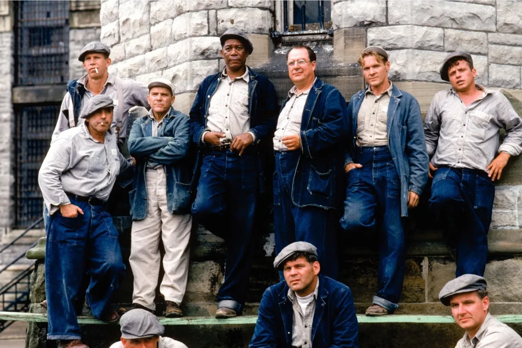 Where to watch Shawshank Redemption cast photo featuring the main actors from the movie in a promotional group shot