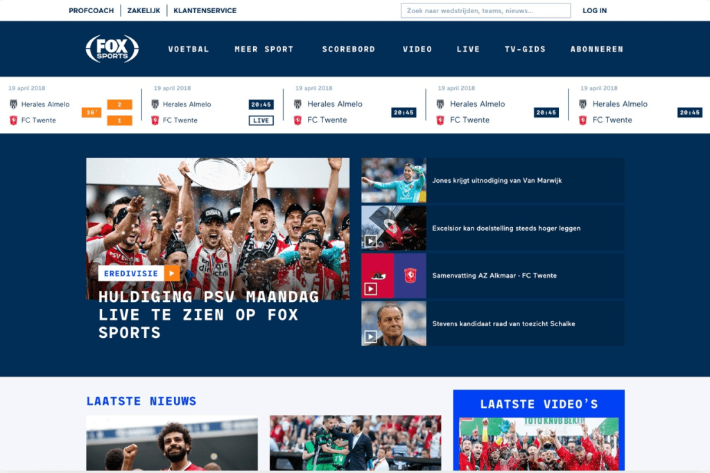Fox Sports homepage showing live games, featured matchups, and sports highlights across major leagues