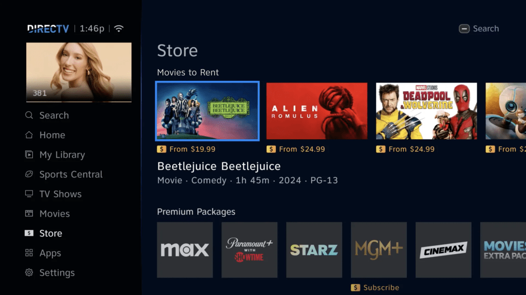 DirecTV Stream homepage showing live TV packages, featured channels, and entertainment categories for streaming shows and sports