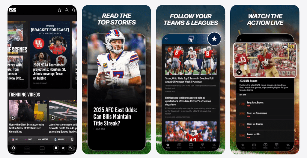 Fox Sports app interface showing live streams, scores, schedules, and playback screen for watching sports events