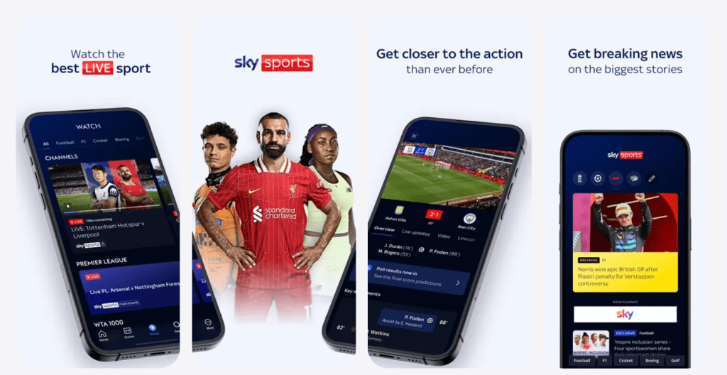 Sky Sports homepage showing live match coverage, featured fixtures, and sports sections across football, F1, and more