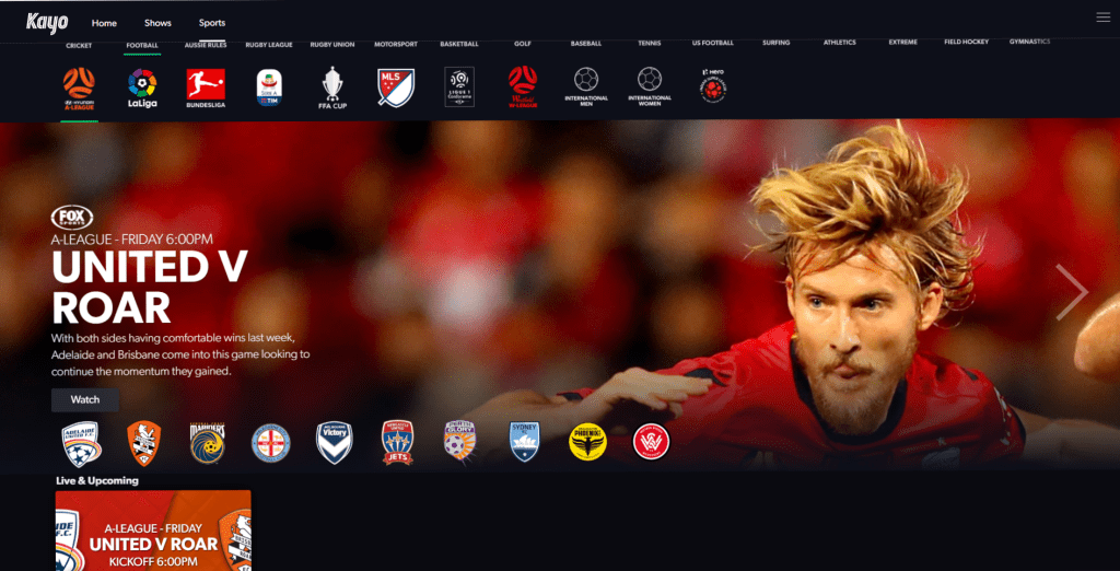 Kayo Sports homepage showing featured live events, upcoming fixtures, and sports categories across the streaming lineup