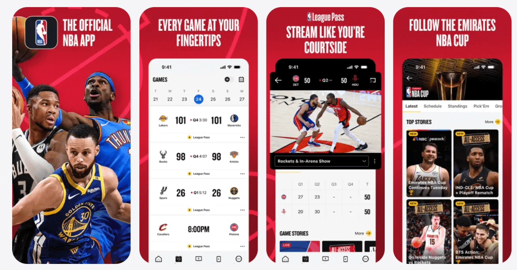 NBA League Pass app interface showing game listings, team tabs, scores, and live playback screen for watching NBA action