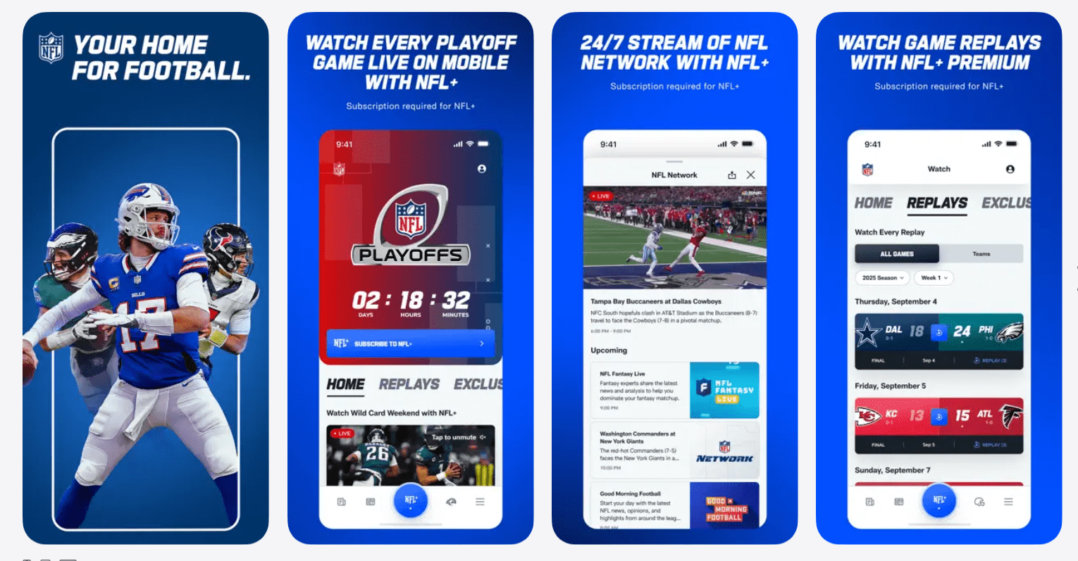 NFL Game Pass app interface showing game replays, team pages, schedules, and playback screen for watching NFL content