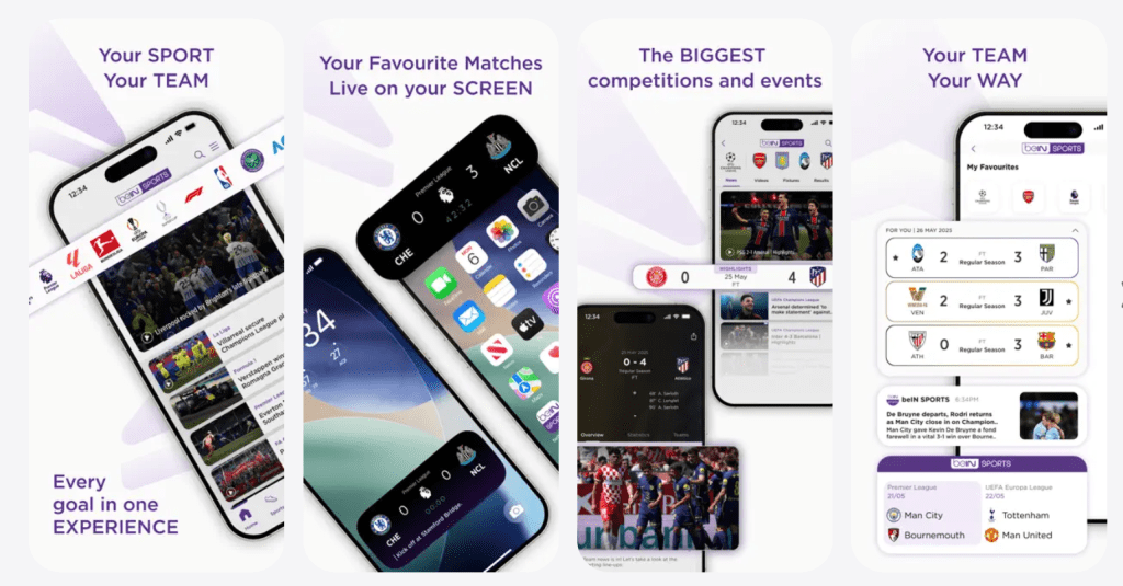 beIN Sports app interface showing live streams, match schedule, sports tabs, and playback screen for watching live events