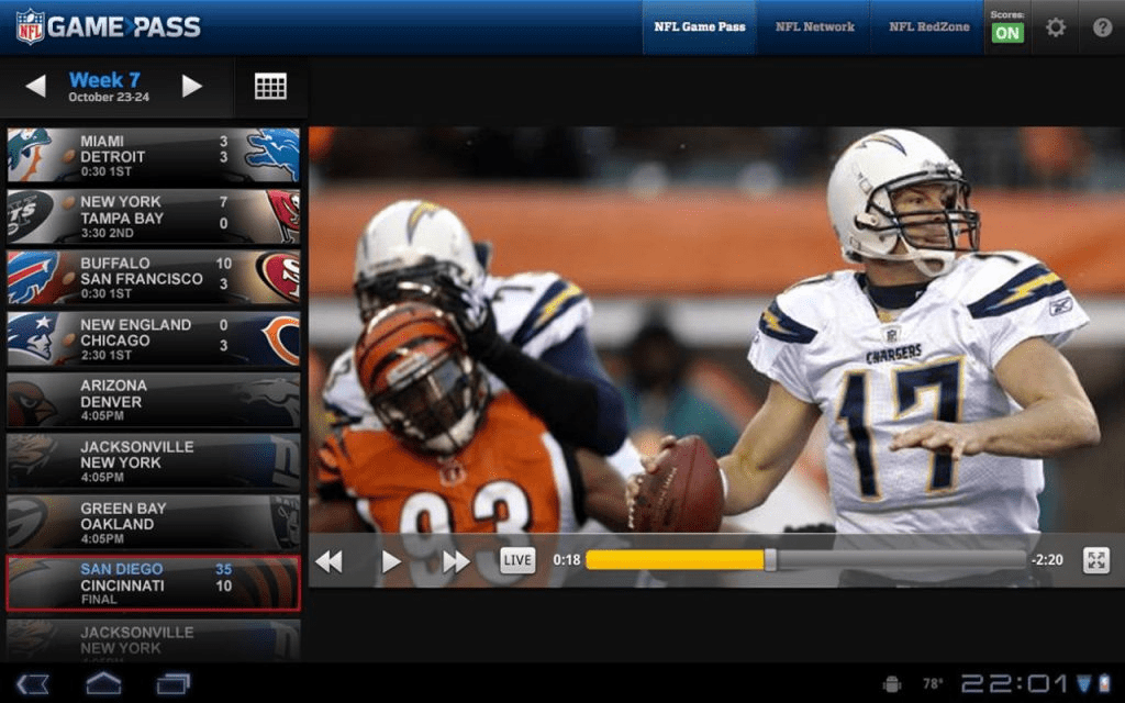 NFL Game Pass homepage showing featured games, highlights, and season coverage across the football schedule