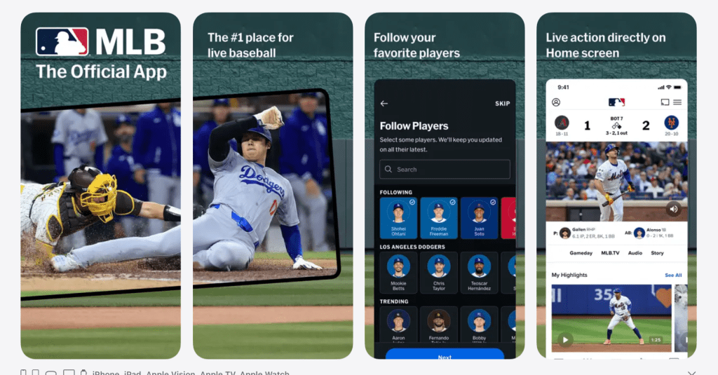 MLB.TV app interface showing game listings, team tabs, scores, and live playback screen for watching baseball action