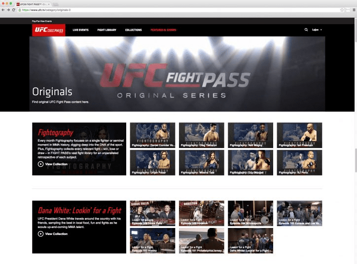 UFC Fight Pass homepage showing fight library highlights, live events, and combat sports categories across the platform