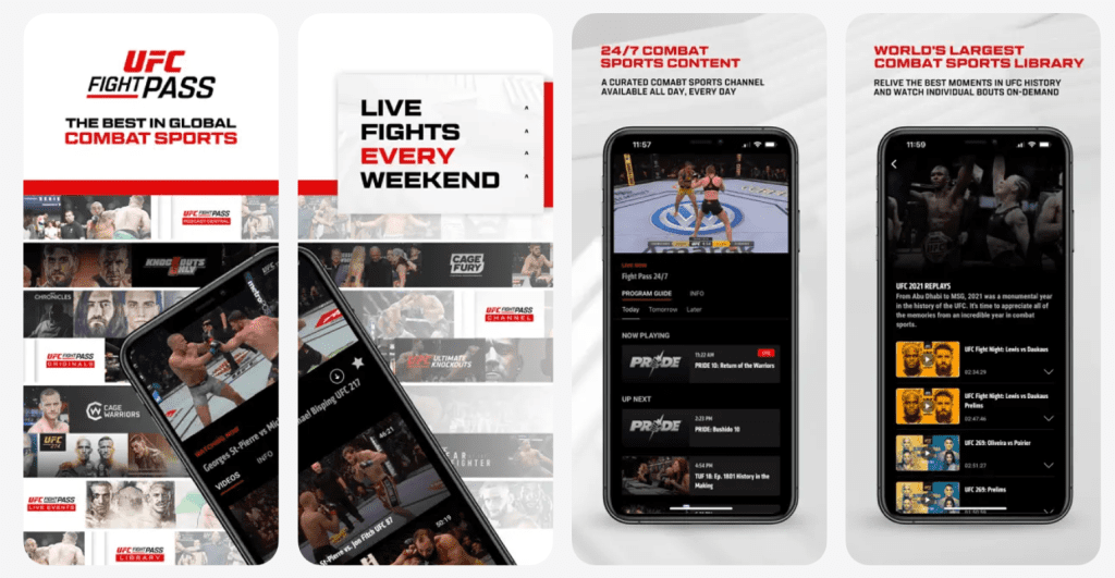 UFC Fight Pass app interface showing event listings, fight archives, search, and playback screen for watching bouts