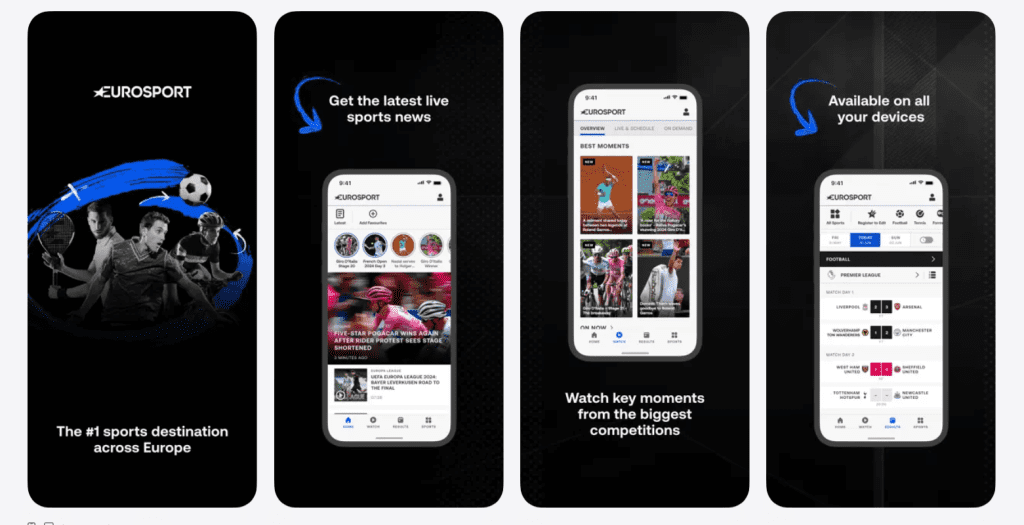 Eurosport app interface showing sports categories, schedules, highlights, and playback screen for watching events