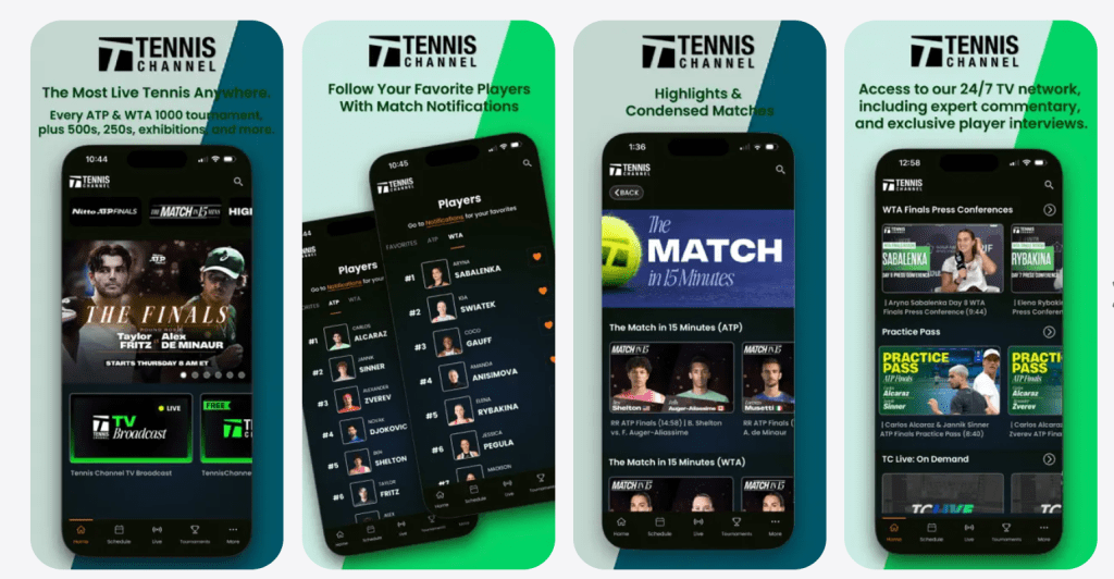 Tennis Channel Plus app interface showing match schedule, player pages, replays, and playback screen for watching tennis events