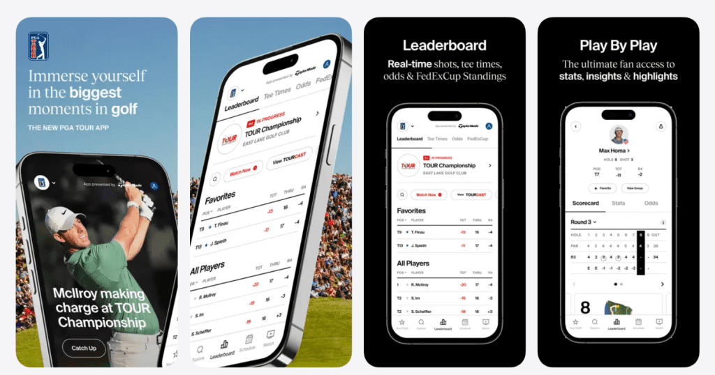 PGA Tour Live app interface showing tournament hub, tee times, live feeds, and playback screen for watching golf coverage